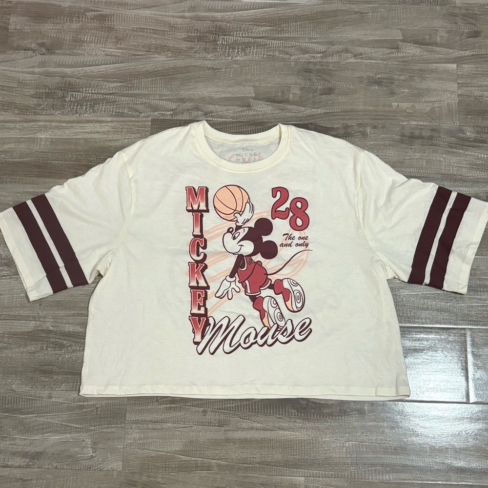 ! NEW ! Classic Disney Mickey Mouse Basketball Crop Top Cream and Red Shirt